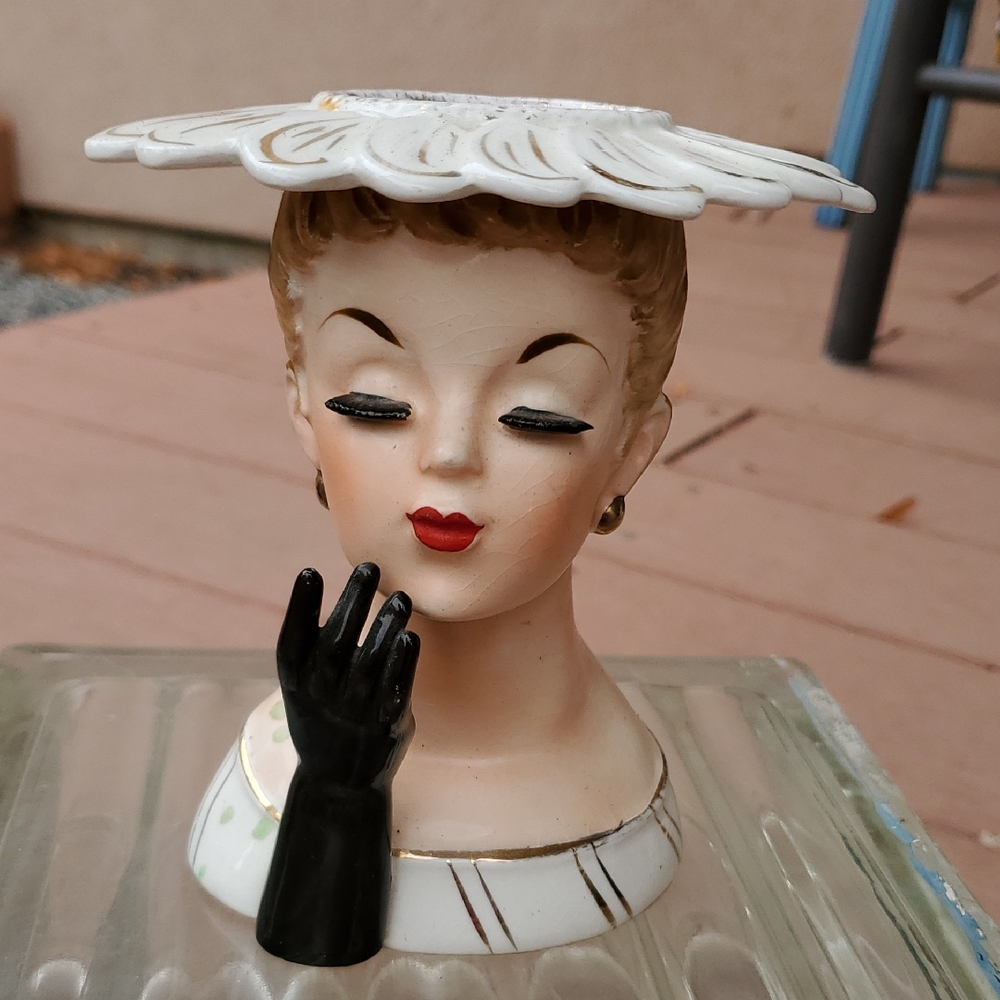 Vintage Lady Head Vase with Black Glove